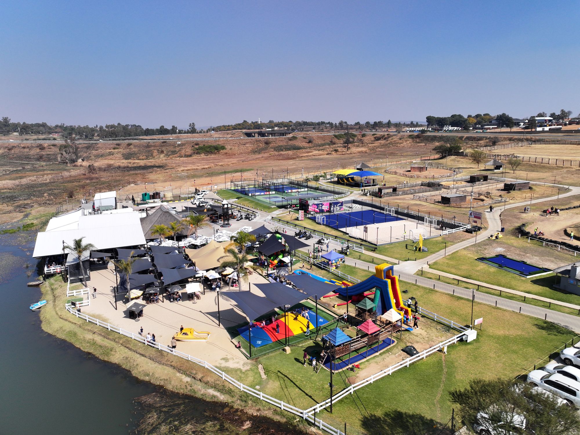 Inflatables and play zone by the dam